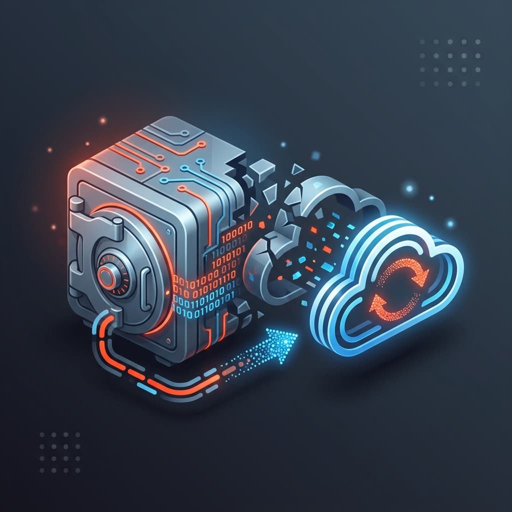 Digital vault transforming into cloud sync icon