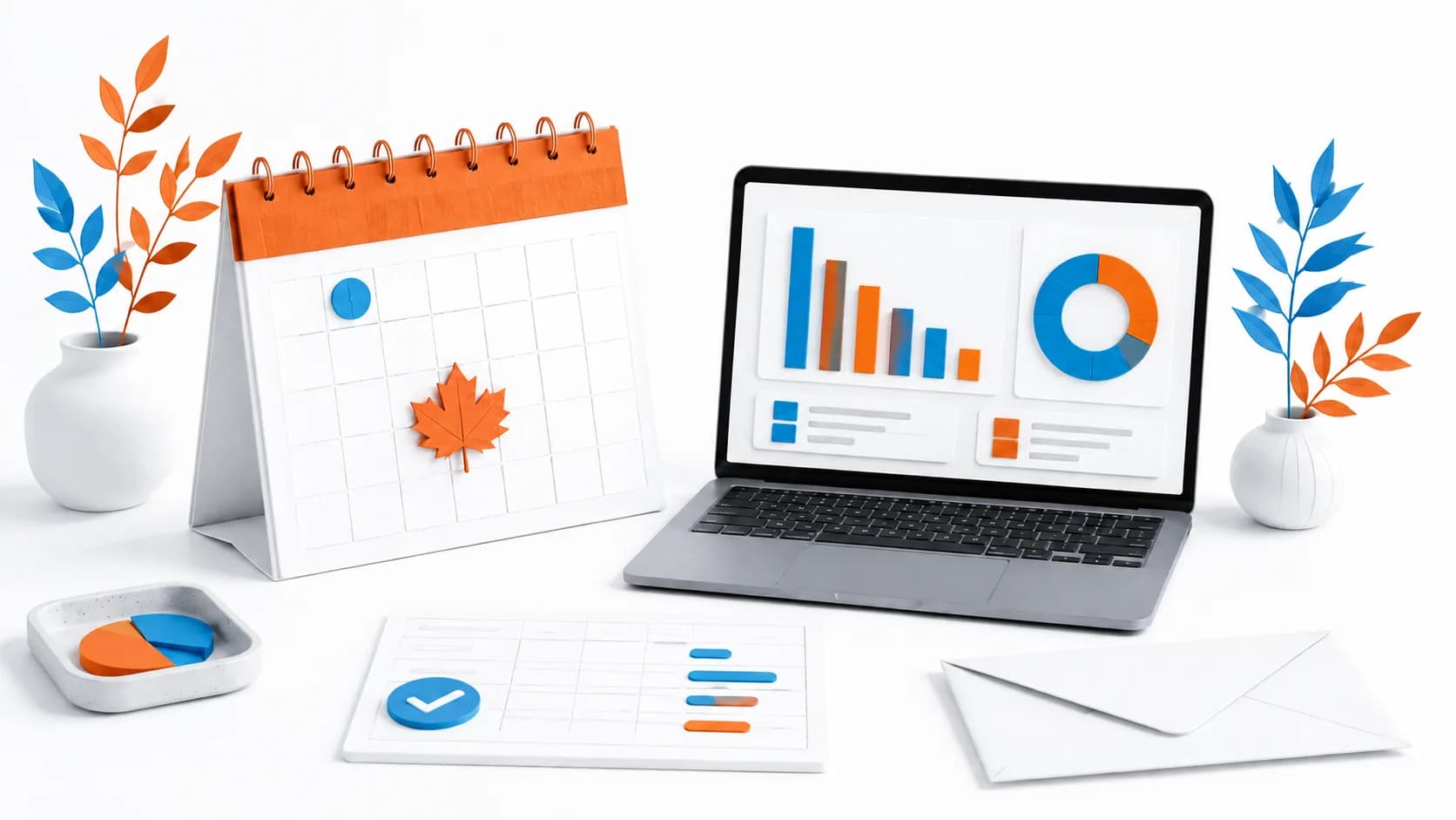 Calendar, laptop and organised digital tax records in orange and blue.