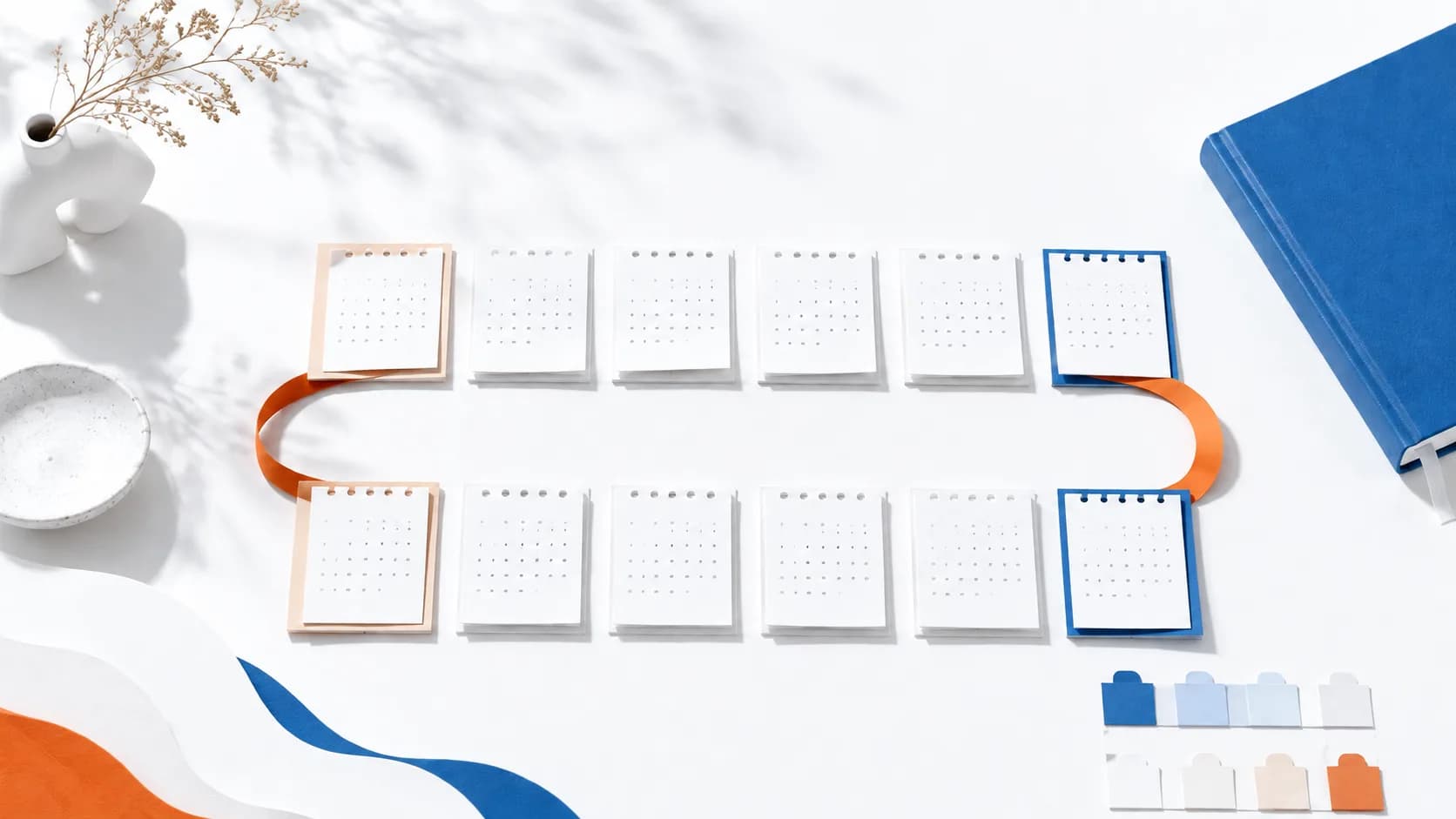Two aligned calendar pages and a tidy digital ledger.