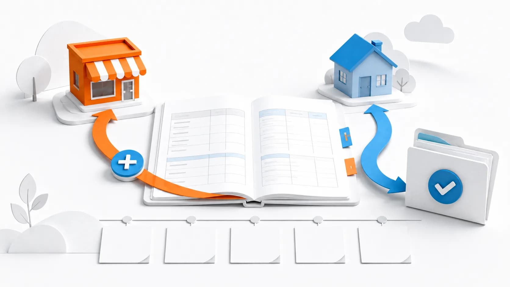 A ledger linking a shop, rental property and folders to illustrate changes in income sources.