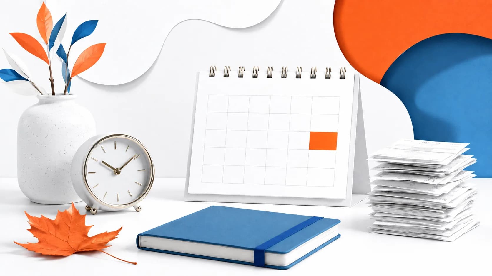 An abstract autumn calendar and organised business records.