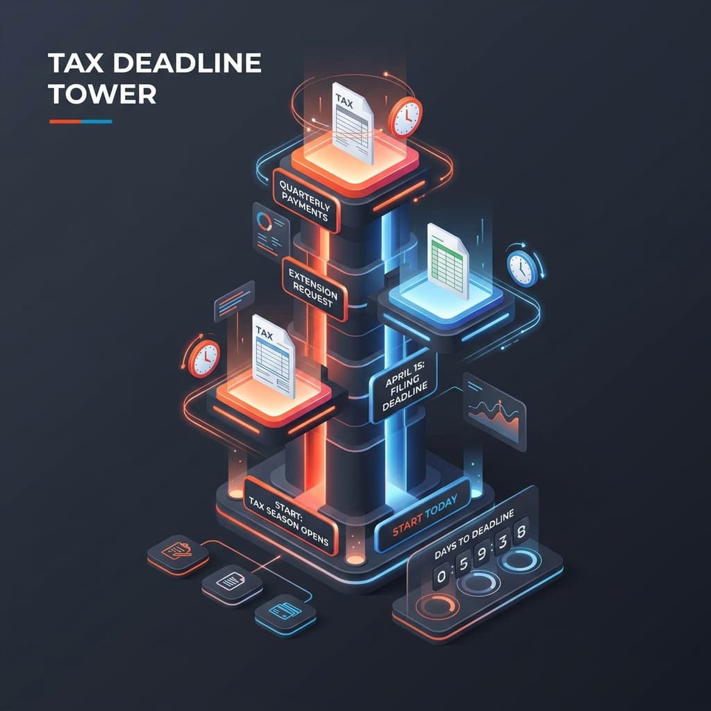 Futuristic timeline tower representing tax deadlines